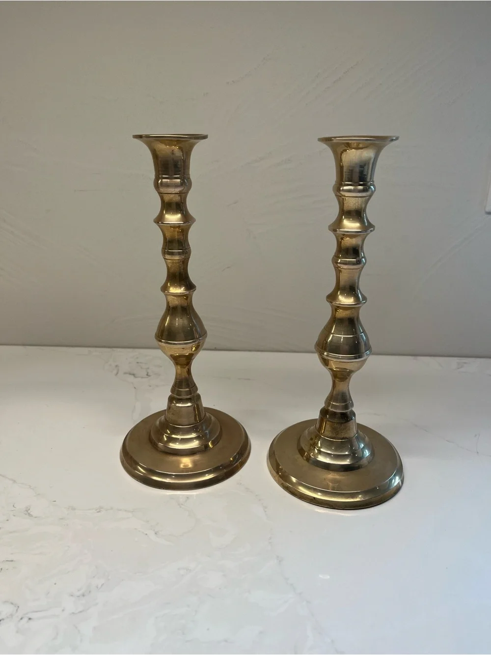 Vintage Solid Brass Turned Candlestick Pair - Polished Gold Tone